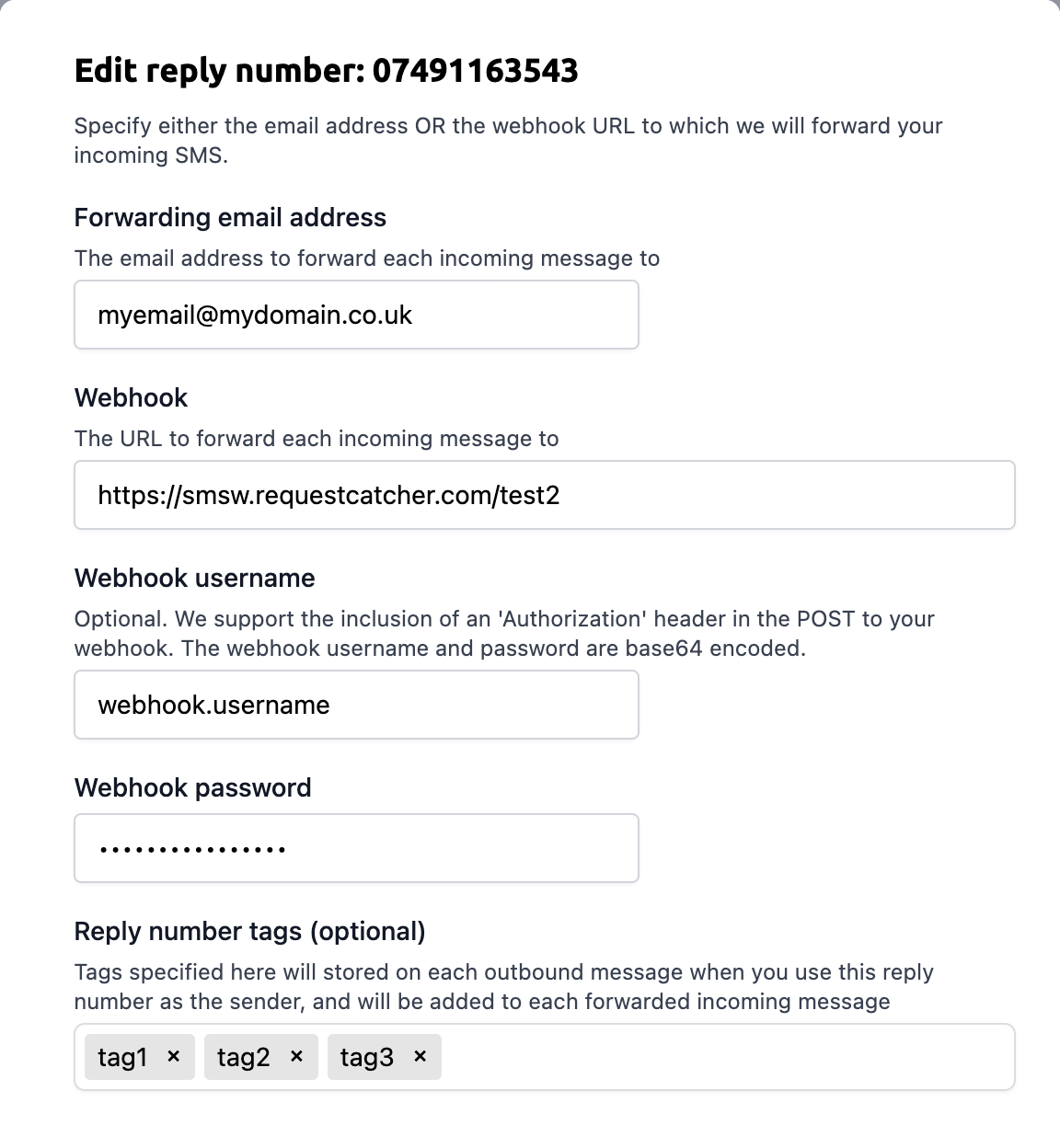 Configure incoming SMS forwarding